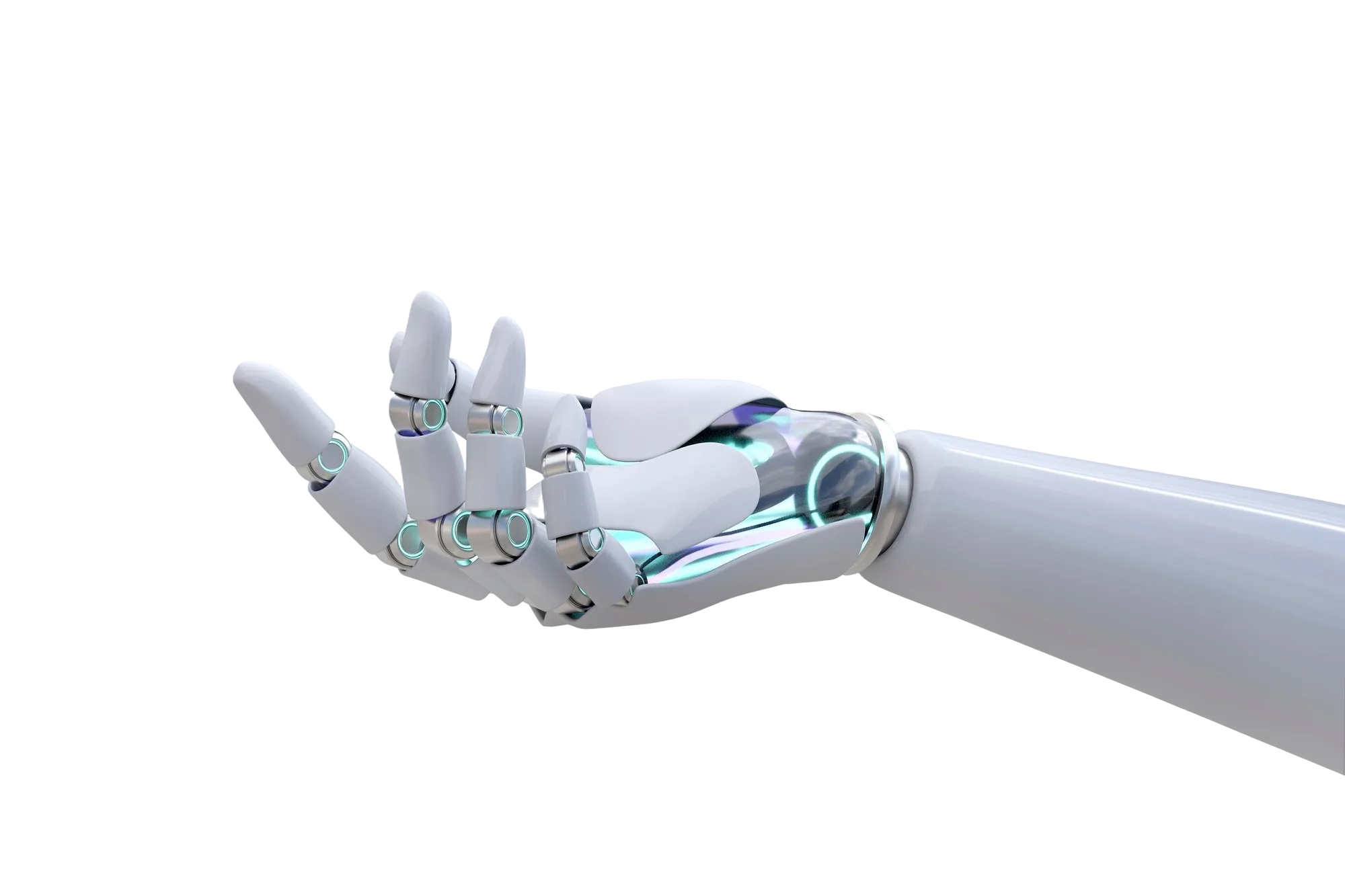 A robotic hand presenting, representing AI-driven technology solutions